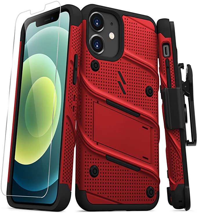 ZIZO Bolt Series for iPhone 12 Mini Case with Screen Protector Kickstand Holster Lanyard - Red & Black