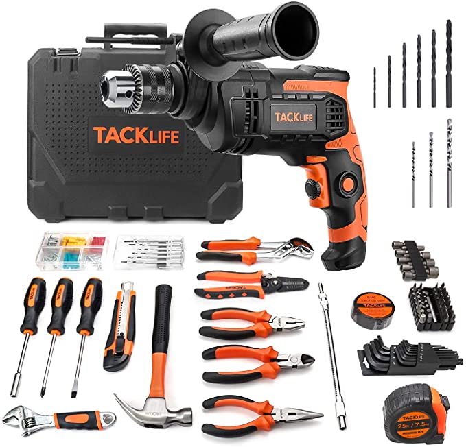 Hammer Drill 800W 3000 RPM Impact Drill with Home Tools Set 145pcs Accessories Toolbox for Home Repair and Decoration Tool Kit, 2 Variable speeds, 360 ° Adjustable Additional Handle - THTK01A