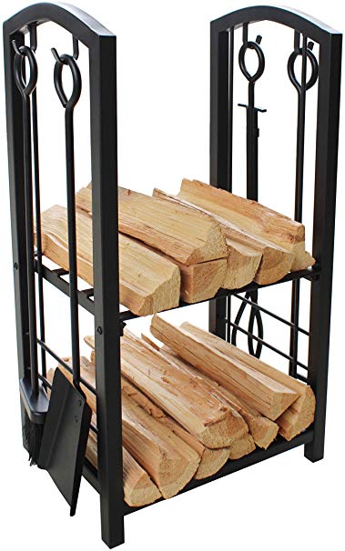 Everflying PriceFireplace Log Rack with 4 Tools Indoor Outdoor Fireside Firewood Holders Lumber Storage Stacking Black Wrought Iron Logs Bin Holder for Fireplace Tool