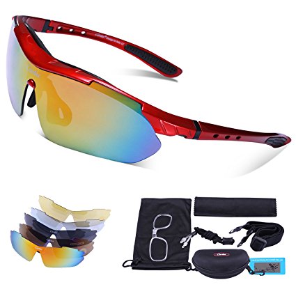 Carfia Polarized Sport Sunglasses Mens Womens TR90 Cycling Sunglasses with 5 Set Interchangeable Lenses for Skiing Running Cycling Fishing Golf, 100% UV400 Protection