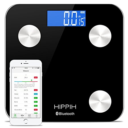 Hippih 400lb / 180kg Bluetooth Electronic Bathroom Scale with Tempered Fillet Glass Balance Platform and Advanced Step-On Technology, Digital Weight Scale has Large Easy Read Backlit LCD Display D-012