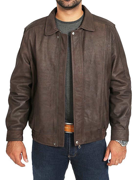 Mens Soft Brown Nubuck Bomber Leather Jacket Classic Casual Blouson Coat - Keith