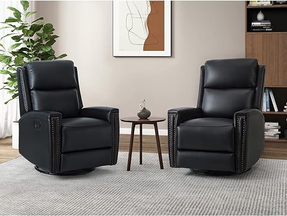 HULALA HOME Genuine Leather Swivel Rocker Recliners Set of 2, Manual Glider Recliner Chairs with Adjustable Backrest & Footrest, Modern Home Theater Sofa Armchairs for Living Room Bedroom, Black