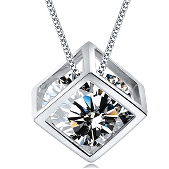 Sterling Silver Square Magic Cube Jewelry S925 Pendant Necklace with 18K White Gold Plated for Women