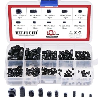 Hilitchi 260pcs M3/4/5/6/8 Allen Head Socket Hex Grub Screw Set Assortment Kit with Plastic Box 12.9 Class Black Alloy Steel