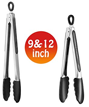 Cuisinart Set of Kitchen Tongs for Cooking or Grilling: Includes 9 and 12 Inch Stainless Steel, Heat Resistant Locking Tongs with Silicone Tips - Perfect for BBQ, Grill or Household Cooking - 2 Pack