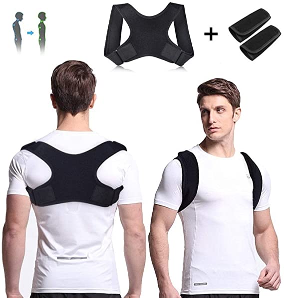 Posture Corrector for Women Men, Adjustable Upper Back Support Brace, Back Brace with 2pcs Protective Pads, Professional Breathable Neoprene Fabric, Kyphosis Corrector for Shoulder Neck Pain Relief