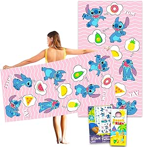 Disney Stitch Beach Towel Set - Bundle with 40" x 72" Lilo and Stitch Microfiber Pool Towel Plus Tattoos and More | Stitch Beach Towel for Kids and Adults