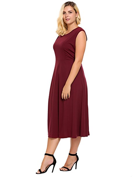 Womens Plus Size Sleeveless Scoop Neck Fit and Flare Maxi Dress - Involand Ladies Long Pleated Swing Sundress