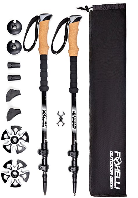 Foxelli Trekking Poles – Collapsible, Lightweight, Shock-Absorbent, Carbon Fiber Hiking, Walking & Running Sticks with Natural Cork Grips, Quick Locks, 4 Season / All Terrain Accessories and Carry Bag
