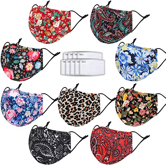 Cloth Face Maks Washable Reusable for Women Men Build-in Nose Wire&Filter Pocket with 9 Filters Adjustable Breathable 3 Layers Cotton Cup Dust Safety Protection Fabric with Designer Printed(9 Pcs)
