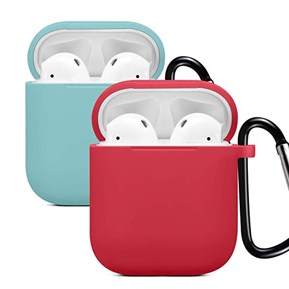 Compatible for Airpods Case Cover, Silicone Protective Skin for Apple Airpod Charing Case Compatible with Airpod case 2 and 1 with Magnetic Headphone Strap and Keychain (2Pack)-Red/Blue