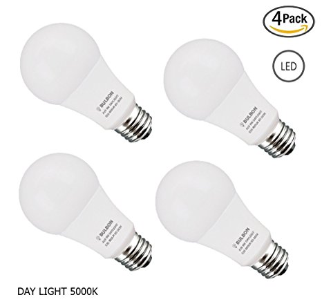 Bulbon 9W A19 LED Bulb Non Dimmable [60W Equivalent] 5000k Daylight, Base E26 CRI80 , 800 Lumens, [Pack of 4 Bulbs]