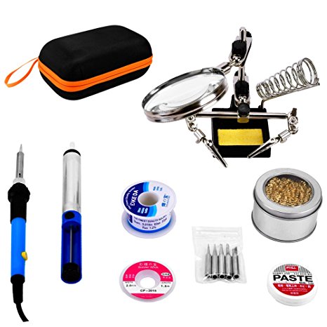 HUAHA Electric Soldering Iron Kit with 60W Adjustable Temperature Soldering Iron, Magnifier Station, 5pcs Tips, 0.8mm 50g Solder Wire, Solder Sucker Paste Flux Solder Wick and Tips Cleaning Sponge