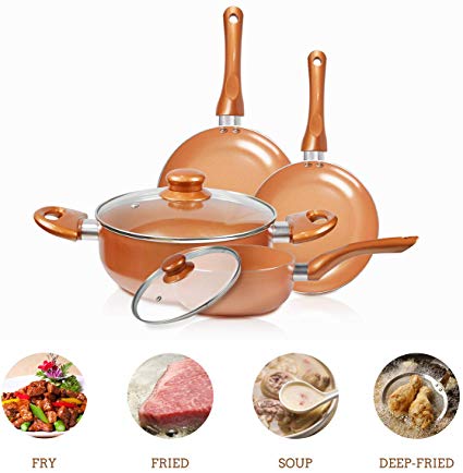 FRUITEAM 6-Piece Nonstick Kitchen Cookware Set, Ceramic Coating Cooking Pot and Pans Set, Stock Pot/Milk Pot/Frying Pans Set, Copper Aluminum Pan with Lid, Induction/Gas Kitchenware Set