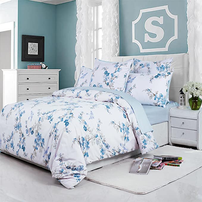 Brandream Floral Duvet Quilt Cover Queen 100% Egyption Cotton Bedding Set White Blue Birds Flower Pattern