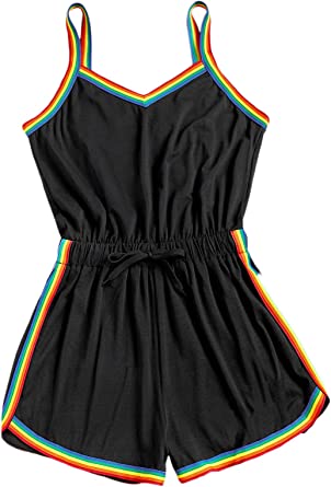 Milumia Women Casual Rainbow Stripe Print Cami Romper Knot High Waist Sport Jumpsuit