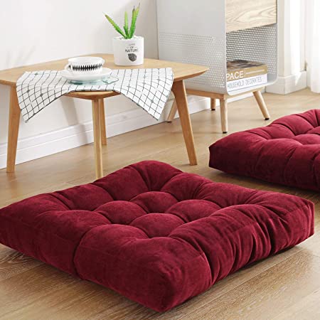 Square Floor Seat Pillows Cushions 22" x 22", Soft Thicken Yoga Meditation Cushion Pouf Tufted Corduroy Tatami Floor Pillow Reading Cushion Chair Pad Casual Seating for Adults & Kids, Wine Red
