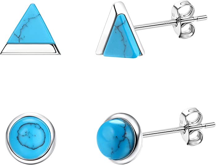 Milacolato 2 Pairs Turquoise Stud Earrings Sterling Silver Small Stud Earrings 18K Gold Plated Triangle & Round Turquoise Stud Earrings for Women Men