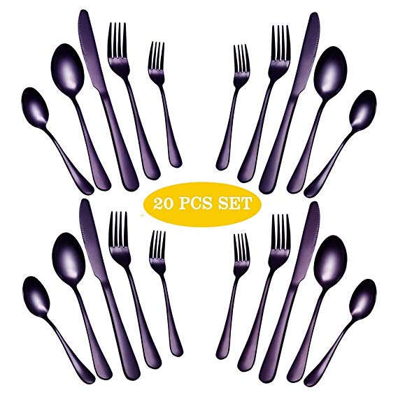 20-Piece Stainless Steel Flatware Set,Tableware Set,Dinnerware Set Service for 4, Include Knife/Fork/Spoon/Teaspoon/Fruit fork (Purple)