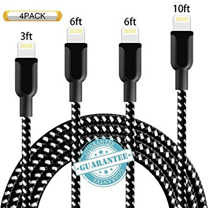 DANTENG iPhone Cable 4Pack 3FT 6FT 6FT 10FT Nylon Braided Certified Lightning to USB iPhone Charger Cord for iPhone 8 7 Plus 6S 6 SE 5S 5C 5, iPad 2 3 4 Mini Air Pro, iPod Nano 7 - BlackWhite