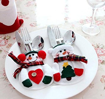 WOVTE 8Pcs Christmas Decorations Snowman Silver Flatware Holder Pockets Table Dinner Home Decoration