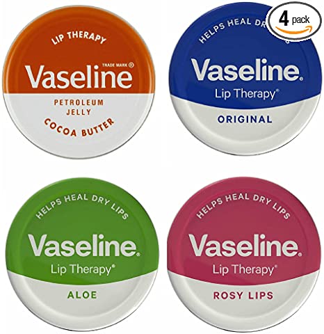 Vaseline Lip Balm Petroleum Jelly 20g Lip Therapy. Cocoa Butter, Aloe, Rosy Lips and Original Flavour. Soothes Dry Lips (Pack of 4)