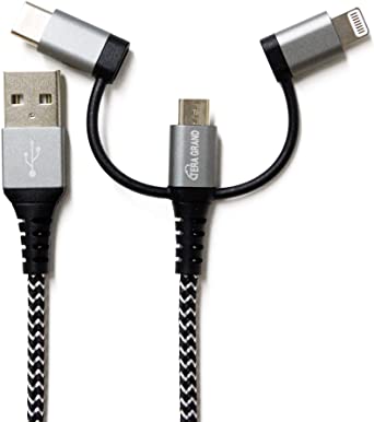 Tera Grand - Universal 3-in-1 Sync & Charge Cable Lightning/Type C/Micro USB Connectors, 4 FT for iPhone iPad 11 11 Pro 11 Pro Max HTC LG Samsung Galaxy Sony Android and More (Black & White)