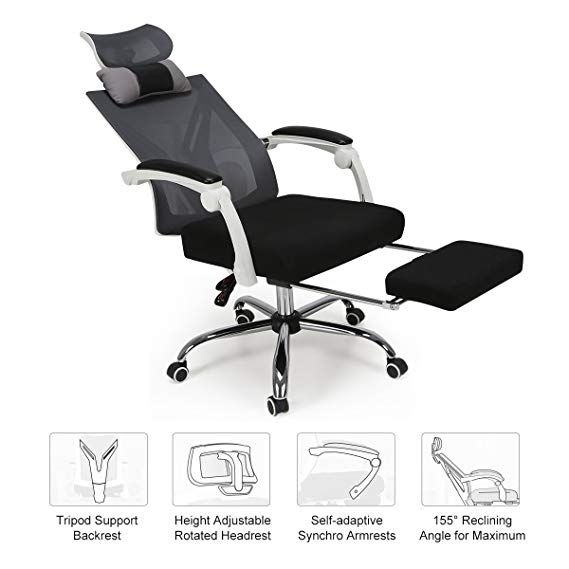 Hbada Black Recliner Mesh Office Computer Chair with Rotatable Headrest, Desk Chair w/footrest, White