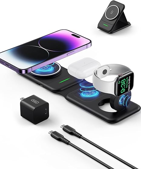 INIU 3 in 1 Wireless Charging Station for Apple Series, Magnetic Foldable Wireless Charger Stand Compatible with Multple Devices for Apple Watch, AirPods, iPhone 14 13 12 Pro Max Mini (with Adapter)