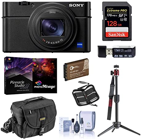 Sony Cyber-Shot DSC-RX100 VII Digital Camera - Bundle with 128GB SDXC U3 Card, Table top Tripod, Camera Case, Spare Battery, Memory Wallet, Cleaning Kit, Card Reader, Pro PC Software Package