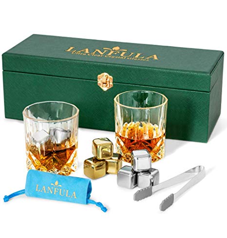 LANFULA Old Fashioned Whiskey Glass Gift Set with Luxury Leather Box - 3 Silver   3 Gold XL Square Whiskey Stones, 2 Large Bourbon Glasses, Velvet Pouch, Tongs - Gift for Men Dad Best Friends