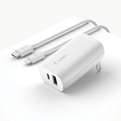 Belkin USB C Wall Charger 32W C to Lightning Cable Included PD with 20W USB C & 12W USB A Ports for USB-C Power Delivery Compatible with iPhone 12, 12 Pro, 12 Pro Max, iPad, AirPods and More