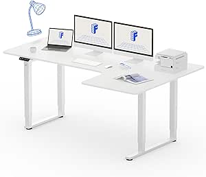 FLEXISPOT L Shape 4 Legs Electric Standing Desk 180 * 110cm Dual Motors Height Adjustable Desk with Splice Board Home Office Computer Workstation Electric Sit Stand Up Desk(White Frame White Top)