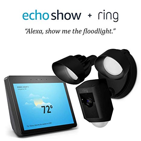 Ring Floodlight Camera Motion-Activated HD Security Cam Two-Way Talk and Siren Alarm - Black with Echo Show (2nd Gen) - Charcoal