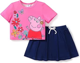 Peppa Pig Toddler Girl 2pcs Outfits Ruffled Top and Floral Print Skirt Set Clothes Set 2-6 Years