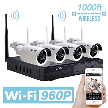 ZOSI 960P AUTO-PAIR WIRELSS SYSTEM 4 Channel 960P HD Wireless NVR kit with 4x 960p HD 1.3MP Outdoor Waterproof Wireless IP Security Cameras NO HDD
