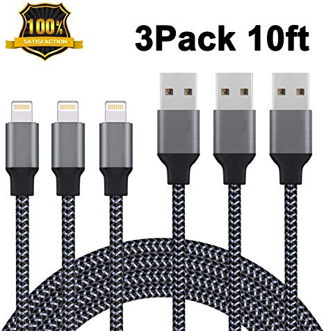 Sundix iPhone Charger, Lightning Cable 3Pack 10Ft Nylon Braided Charging Cord USB Cable Compatible iPhone XR/XS/XS/Max/X/8/8 Plus/7/7 Plus/iPad Air/Air 2 / iPad Mini/Mini 2 and More (Black)