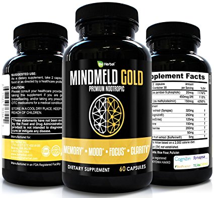 BE HERBAL MindMeld Premium Nootropics Supplement for Memory , Focus , Clarity and Mood , contains Cognizin CitiColine , Synapsa Bacopa Monierri, TeaCrine, L-Theanine, L-phenylalanine, PS & Vitamins