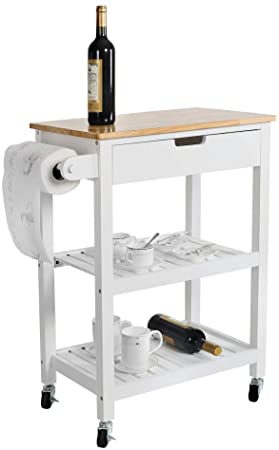 LUCKWIND Island Cart Serving Wheel – Home Kitchen Dining Bar Rolling Shelf Storage Cabinet Wood Rack Drawer Counter Break Towel Bar for Microwave Seasoning White/Grey (Wood White)