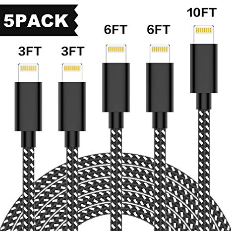 KRISLOG MFi Certified iPhone Charger Lightning Cable, 5Pack(3/3/6/6/10ft) High Speed Nylon Braided USB Fast Charging&Syncing Cable Compatible iPhone Xs MAX XR 8 8 Plus 7 7 Plus 6s 6s Plus More