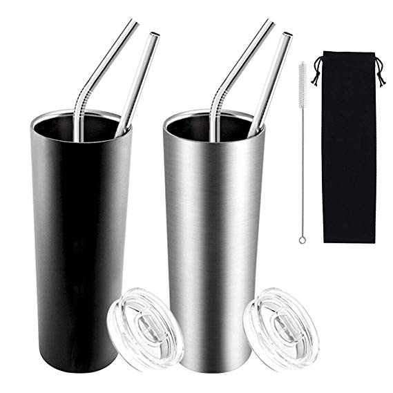 2 Pack Stainless Steel Tumbler for Car Cup Holder, 20 OZ Stainless Steel Skinny Travel Tumbler, Double Wall Insulated Water Tumblers with Lids & Straws & Straw Brush for Coffee Tea Water Juice