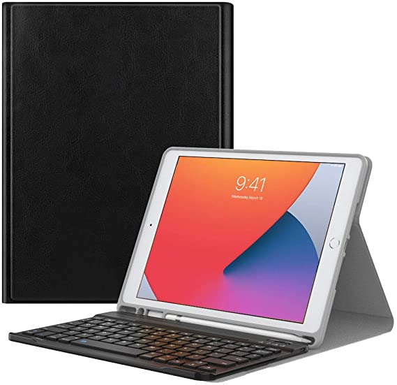 MoKo Keyboard Case for New iPad 10.2 2020/2019 (10.2 inch) with Apple Pencil Holder, Wireless Keyboard Cover Case for Apple New iPad 8th Generation 2020 & iPad 7th Generation 10.2" 2019 - Black