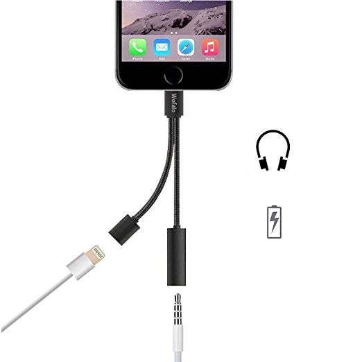 Wofalo 2 in 1 iPhone 7 Lighting Adapter(5rd Generation),(Aluminum Alloy Metal) 3.5mm AUX Earphone Jack and Charger Data Cable,(Weave Fashion Style) Headset Headphones Connector for iPhone 7/7 6/6S Plus Listening Music and Charging Adaptor (Not Music Control and Phone Call)（Black）