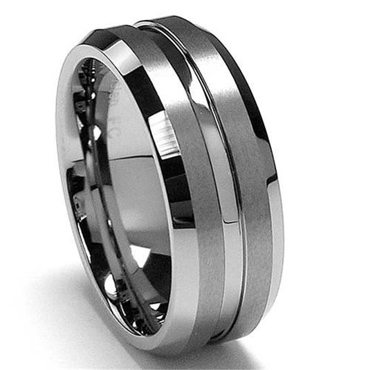 Sale King Will 8mm High Polished Center  Matte Finish Mens Tungsten Ring Wedding Band Comfort Finish