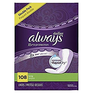Always Xtra Protection Long Daily Liners Unscented, 108 Count of each (Pack of 2)