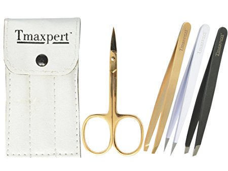 Premium 3 Pcs Tweezers & Scissors Set with Travel Case Stainless Steel Professional Slanted, Pointed Tip & Straight Precision Tweezers - Best for Facial Ingrown Hair Eyebrow Shaping Nail | Tmaxpert