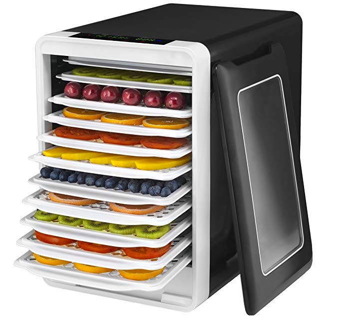 Gourmia GFD1750 Food Dehydrator With Touch Digital Temperature Control, Ten Drying Trays Plus Beef Jerky & Sausage Hanging Rack, Sleek Design, Transparent Window & Free Recipe Book - Black