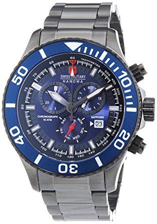 Swiss Military Men's Quartz Watch with Blue Dial Chronograph Display and Grey Stainless Steel Plated Bracelet 6-5226.30.003