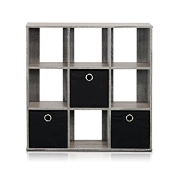 Furinno 13207GY/BK Simplistic 9-Cube Organizer with Bins, French Oak Grey/Black